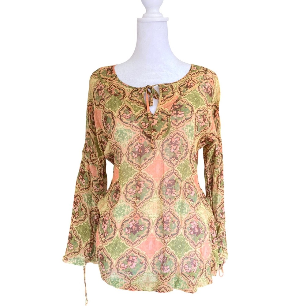 Vintage Y2K 100% Silk‎ Sheer Abstract Blouse Small Boho Groovy Twee Fem Ethereal